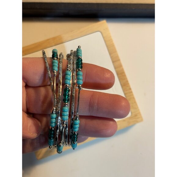 Silver & Turquoise Beaded Bangle Bracelets Set Of 6 - Picture 4 of 5